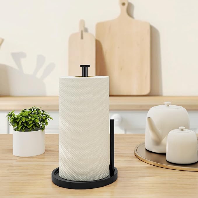 Paper Towel Holder Countertop, Standing Paper Roll Holder with Anti Slip Weighted Base, Stainless Steel Freestanding Paper Towel Holder for Kitchen, Black - Image 8