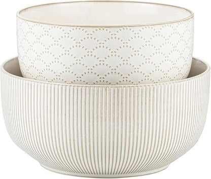 Mikiegy Ceramic Mixing Bowls Set of 2, Nesting Ceramic Embossment Stoneware Mixing Bowls for Cooking, Serving, Popcorn, Salad etc, Microwave & Dishwasher Safe, 98/145 oz, Off-White by MIKIGEY