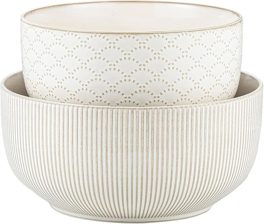 Mikiegy Ceramic Mixing Bowls Set of 2, Nesting Ceramic Embossment Stoneware Mixing Bowls for Cooking, Serving, Popcorn, Salad etc, Microwave & Dishwasher Safe, 98/145 oz, Off-White by MIKIGEY