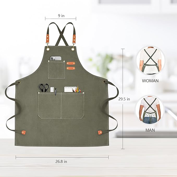 OUNLEN Chef Apron for Men Women Canvas Aprons with 3 Pockets Cross Back Resistant Work Apron for Cooking - Image 2