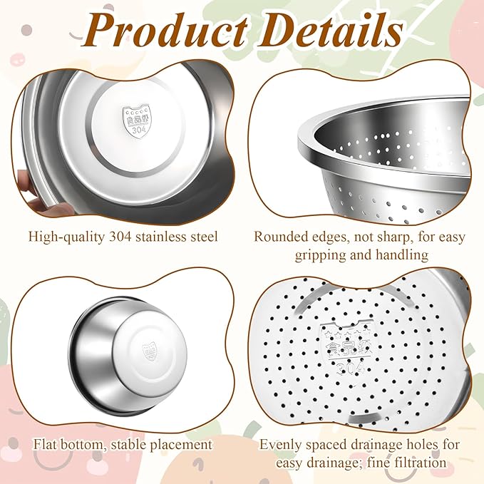304 Stainless Steel Colander and Strainer, 5QT Large Capacity with Mixing Bowl, Micropore for Washing Rice, Vegetables, Fruit, Grain, Bean, and Draining Cooked Pasta, Dishwasher Safe