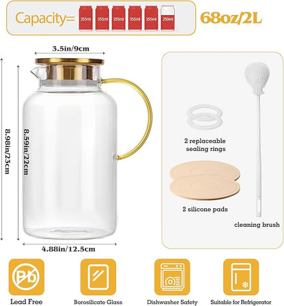 2 Pack 2 Liter/68oz Glass Pitchers with Lid and Handle, Glass Water Pitcher with Lid and Spout for Fridge, Iced Tea, Coffee, Borosilicate Glass Carafe for Hot/Cold Brew Drink