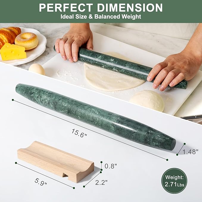 French Marble French Rolling Pin with Wooden Resting Base, 15 inch Kitchen Baking Tool for Baking with Non-Stick Surface, Ideal as a Dough Roller for Pie Crust, Cookie, Pasta - Image 2