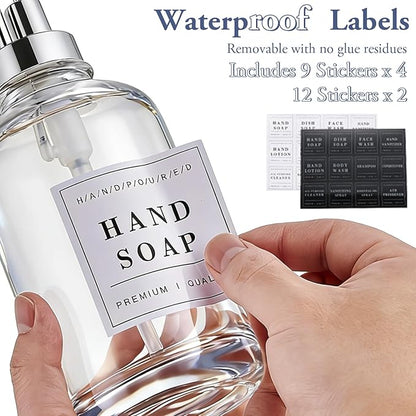 Glass Soap Dispenser with Pump,Tray,Funnel, Countertop Soap and Lotion Dispenser Set of 2 with 60 Stickers, Dish and Hand Soap Dispenser Bottle for Kitchen,Bathroom,Shower, 500ml/16.9oz