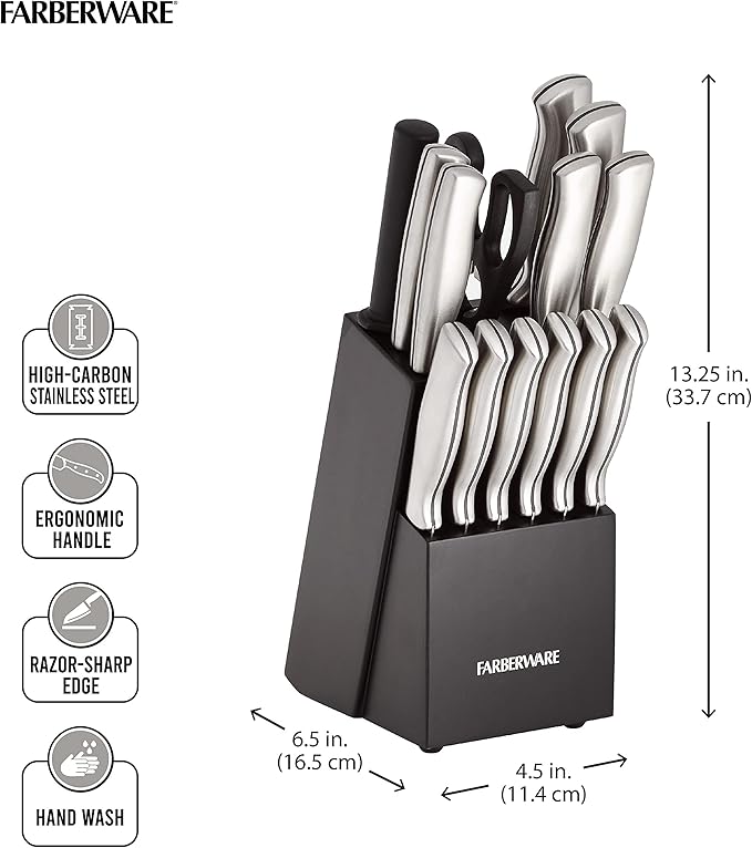Farberware 15-Piece Kitchen Knife Set, High-Carbon Stainless Steel Blades with Wood Block, Steak Knives, Sharpening Tool & All-Purpose Shears, Razor Sharp, Ergonomic Stainless Steel Handles - Image 2