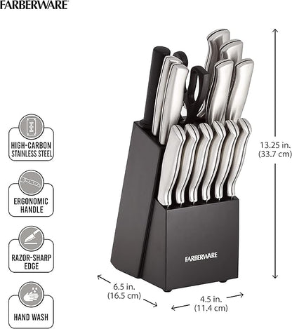 Farberware 15-Piece Kitchen Knife Set, High-Carbon Stainless Steel Blades with Wood Block, Steak Knives, Sharpening Tool & All-Purpose Shears, Razor Sharp, Ergonomic Stainless Steel Handles - Image 2