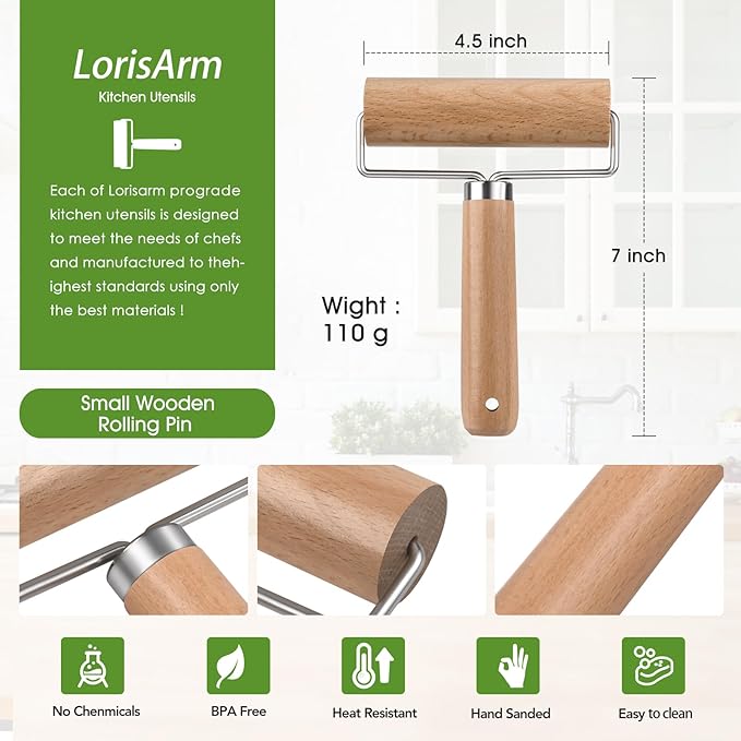 LorisArm Small Rolling Pin with Handle, Wooden Dough Pastry Roller, Non-Stick Pizza Rollers, mini Dough Wood Roller for Home Kitchen Baking Cooking - Image 2