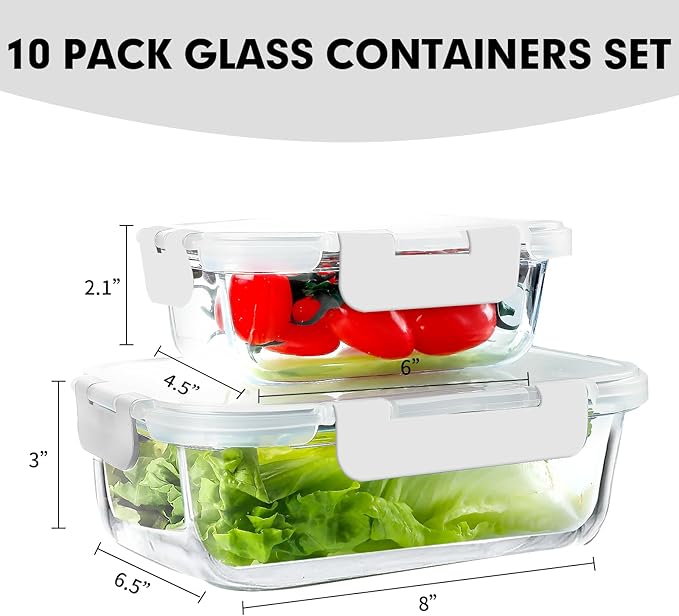 VERONES 10Pack Glass Meal Prep Containers, Airtight Glass Lunch Containers,Stackable Food Storage Containers Set with Lids,Exclusive of BPA, for Microwave,Oven, Freezer&Dishwasher Friendly,White - Image 2