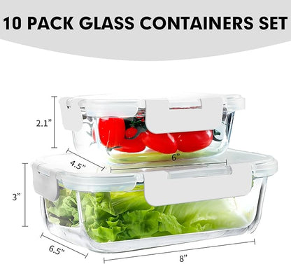 VERONES 10Pack Glass Meal Prep Containers, Airtight Glass Lunch Containers,Stackable Food Storage Containers Set with Lids,Exclusive of BPA, for Microwave,Oven, Freezer&Dishwasher Friendly,White - Image 2