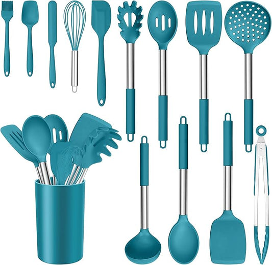 E-far 14 Pieces Silicone Cooking Utensils Set, Kitchen Utensils Set with Holder, Spatula, Ladle, Spoon, Tong, Slotted Turner for Nonstick Cookware, 446°F Heat Resistant & Stainless Steel Handle, Blue by E-far