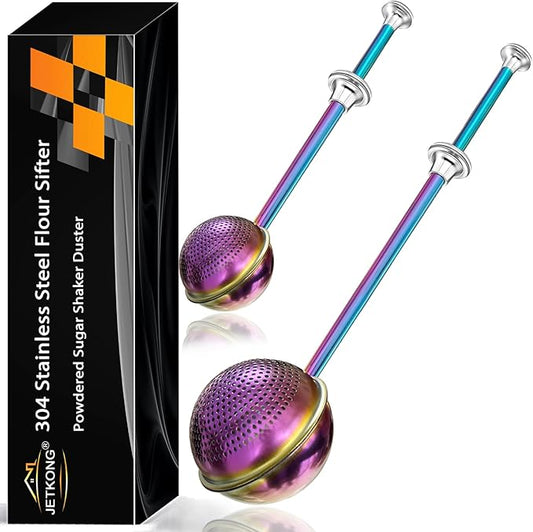 JETKONG 2 Pcs Flour Sifter, Stainless Steel Flour Duster for Bread Baking, Bakers Dusting Wand for Powdered Sugar and Spices (Small+Large, Rainbow) by JETKONG