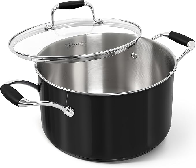 MICHELANGELO Stainless Steel Cooking Pot - 6 Quart Soup Pot with Lid, Non-Toxic Stockpot Induction Compatible, Oven & Dishwasher Safe, Black Exterior by Michelangelo