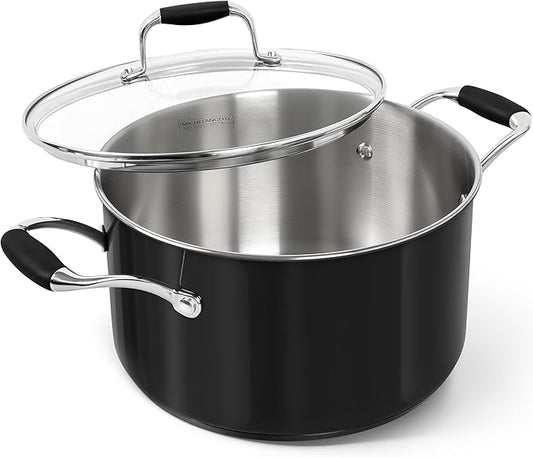 MICHELANGELO Stainless Steel Cooking Pot - 6 Quart Soup Pot with Lid, Non-Toxic Stockpot Induction Compatible, Oven & Dishwasher Safe, Black Exterior by Michelangelo