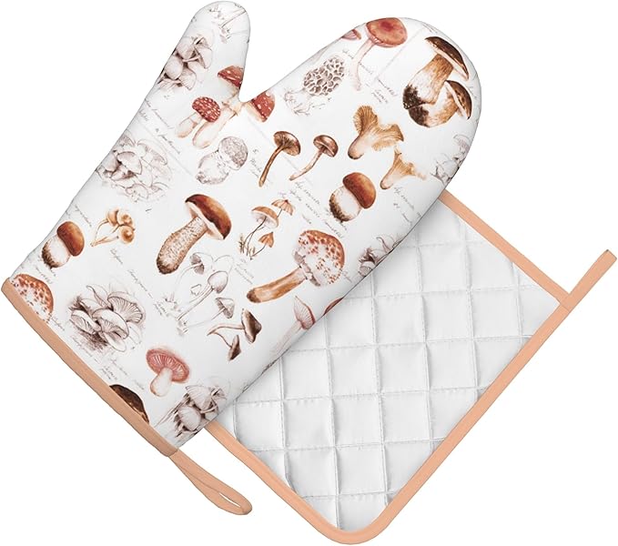 Mushroom Silicone Oven Mitts Pan Mats Set of 2, Heat Resistant Gloves Potholder with Non-Slip Grips Hanging Loops Pot Holder, Spring Summer for Chef Cooking, Baking, Grilling, BBQ