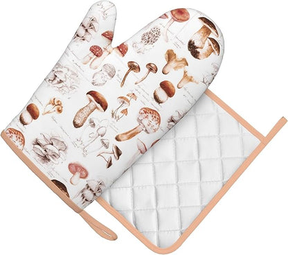 Mushroom Silicone Oven Mitts Pan Mats Set of 2, Heat Resistant Gloves Potholder with Non-Slip Grips Hanging Loops Pot Holder, Spring Summer for Chef Cooking, Baking, Grilling, BBQ