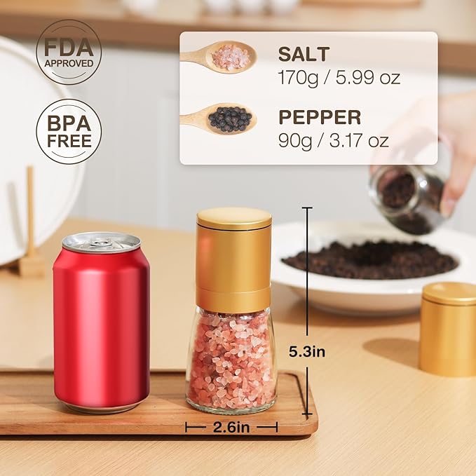 Vucchini Gold Salt and Pepper Grinder Mill - Adjustable Coarseness Ceramic Brass Spice Grinder Shaker - Refillable Glass Pepper Grinders for Home Golden Kitchen Accessories - Image 2