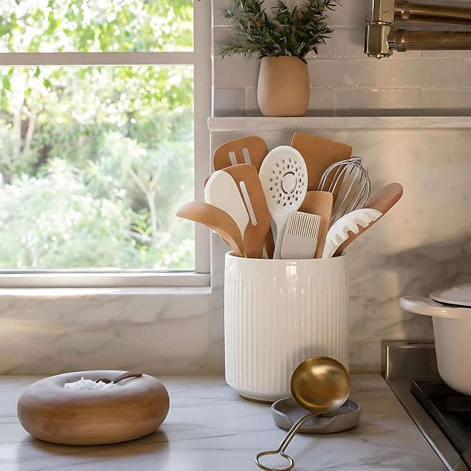 JIEMEI HOME Utensil Holder, 7.2" Large Ceramic Stable Utensil Crock for Kitchen Counter, Utensil Holder with Cork Mat, Removable Bamboo Divider for Easy, Kitchen Decor, White - Image 7