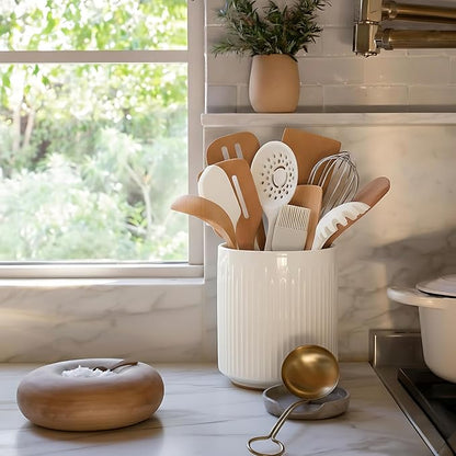 JIEMEI HOME Utensil Holder, 7.2" Large Ceramic Stable Utensil Crock for Kitchen Counter, Utensil Holder with Cork Mat, Removable Bamboo Divider for Easy, Kitchen Decor, White - Image 7