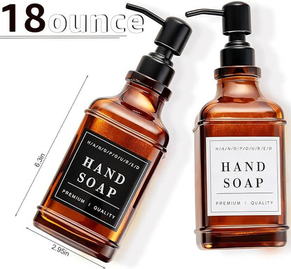 Amber Glass Soap Dispenser with Pump,Tray,Funnel, Countertop Soap and Lotion Dispenser Set of 2 with 60 Stickers, Dish and Hand Soap Dispenser Bottle for Kitchen,Bathroom,Shower,500ml/16.9oz