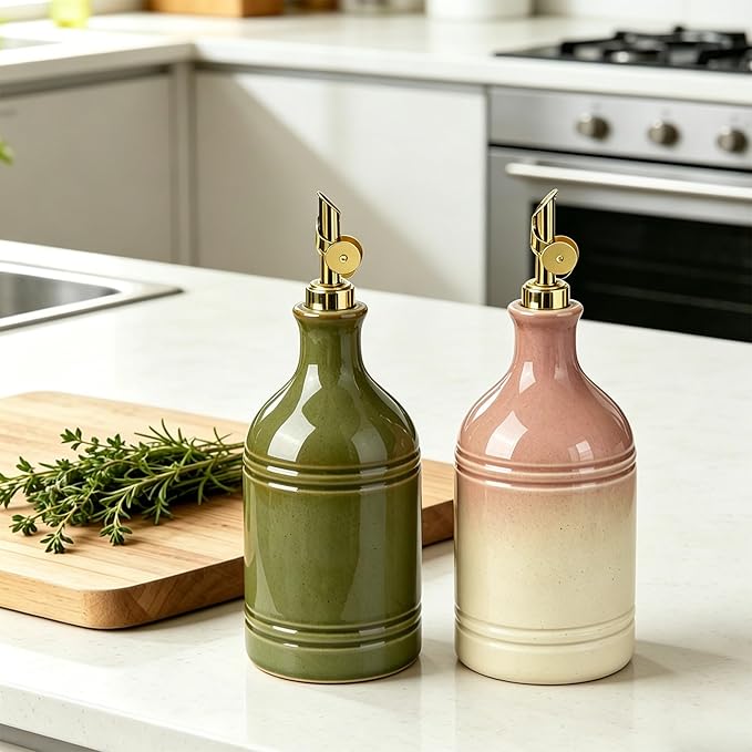 Ceramic Olive Oil Dispenser Bottle for Kitchen with Gold Gravity Spout, Large Capacity 23.6oz/700ml Oil Container, Suitable for Storage Olive Oil, Vinegar, Soy Sauce, Lemon Juice(Green)
