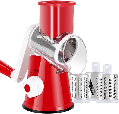 Rotary Cheese Grater Shredder, Speed Kitchen Manual Round Mandolin Slicer Safe Grinder with 3 Interchangeable Blades for Nuts, Carrot, Hashbrown, Garlic, Walnut, Potato, Chocolate (Red) by Ancevsk