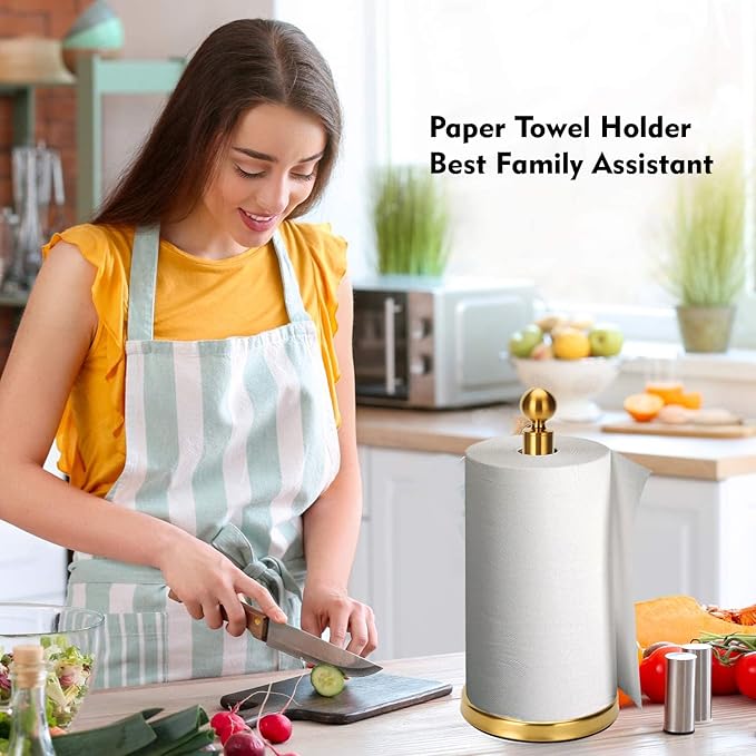 Gold Paper Towel Holder Countertop, Standing Paper Towel Roll Holder for Kitchen Bathroom, with Weighted Base for One-Handed Operation (Stainless Steel Base, Gold) - Image 8