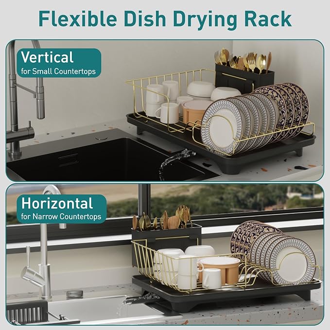 Buruis Dish Drying Rack for Kitchen Countertop, Large Capacity Gold Stainless Steel Dish Drainer with Anti-Slip Rubber Feet, Removable Drain Board and Utensil Holder (Black Tray) - Image 6