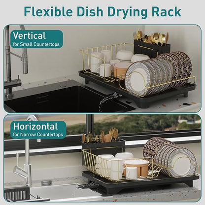 Buruis Dish Drying Rack for Kitchen Countertop, Large Capacity Gold Stainless Steel Dish Drainer with Anti-Slip Rubber Feet, Removable Drain Board and Utensil Holder (Black Tray) - Image 6