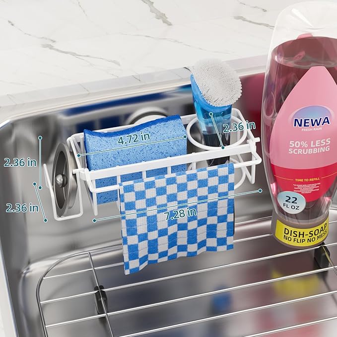 TAILI 4-in-1 Sink Caddy with Strong Suction Cup, Sponge Holder for Kitchen Sink Organizer, Removable, Rustproof, Stainless Steel Holder for Sponge, Brush, Scrubber, Scraper - White - Image 3