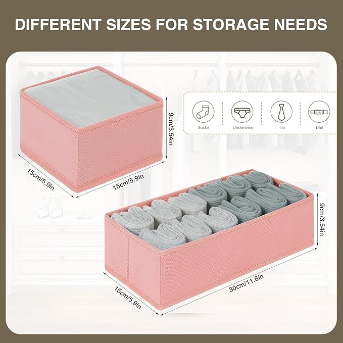 DIMJ Drawer Organizers - Set of 12 Fabric Closet Organizers and Storage, Drawer Dividers for Baby Clothes, Socks, Belt, Tie (Pink) - Image 2