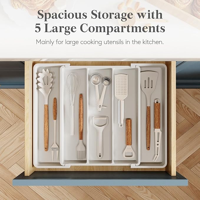 Lifewit Utensil Organizer for Kitchen Drawers, Expandable Cooking Utensil Tray, Adjustable Cutlery Silverware Flatware Holder, Plastic Spatula Tools Storage Divider, 11-18 x 14", White - Image 3