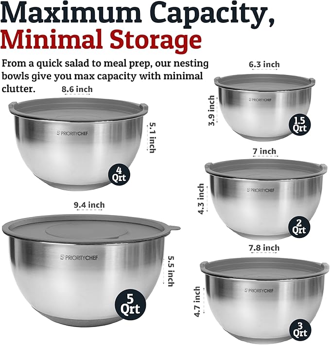 Priority Chef Stainless Steel Mixing Bowls with Lids Set, Metal Nesting Bowls with Airtight Lids, Graters, Non-Slip Base & Measurement Marks, Includes Utensil Set for Prep, Baking & Storage, Grey - Image 4