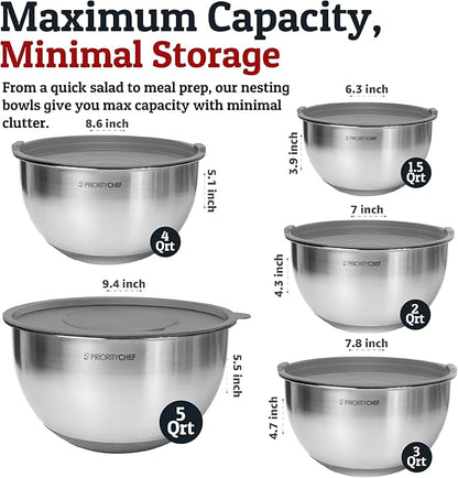 Priority Chef Stainless Steel Mixing Bowls with Lids Set, Metal Nesting Bowls with Airtight Lids, Graters, Non-Slip Base & Measurement Marks, Includes Utensil Set for Prep, Baking & Storage, Grey - Image 4
