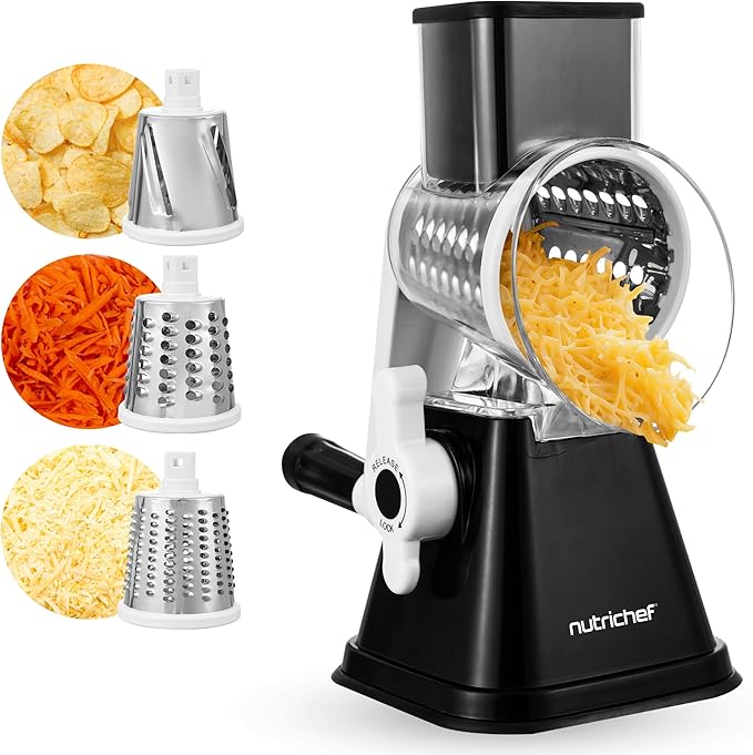 Nutrichef 3 in 1 Cheese Grater & Shredder | Strong Suction Base, Rotary Handle with Safety Lock | Includes Hand Crank & 3 Drum Blades for 3 Textures, Fine, Medium & Strips | Black by NutriChef%E2%84%A2Kitchen