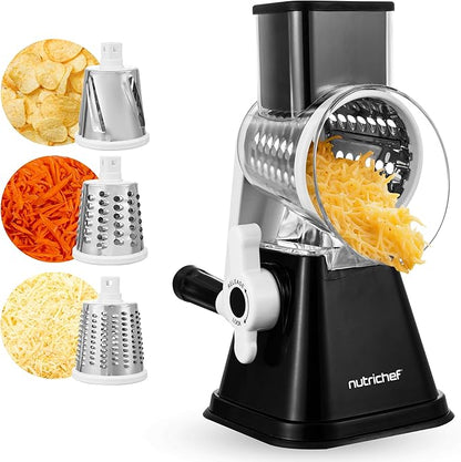 Nutrichef 3 in 1 Cheese Grater & Shredder | Strong Suction Base, Rotary Handle with Safety Lock | Includes Hand Crank & 3 Drum Blades for 3 Textures, Fine, Medium & Strips | Black by NutriChef%E2%84%A2Kitchen