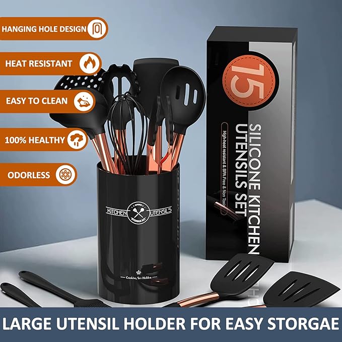 Silicone Cooking Utensil Set, Umite Chef Kitchen Utensils 15pcs Cooking Utensils Set Non-stick Silicone Rose Gold Handle Cooking Tools Whisk Kitchen Tools Set - Balck - Image 5