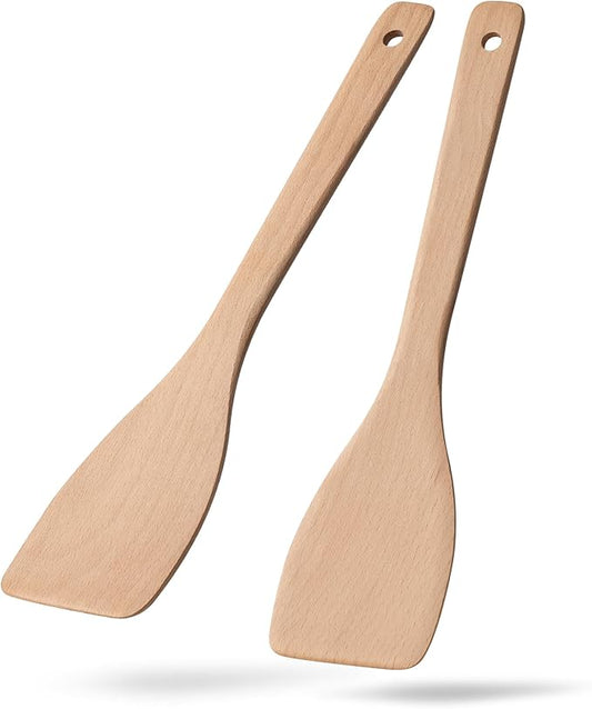 2PCS Wooden Spatulas for Cooking, 13inch Uncoated Beech Wood Turners for Frying, Non-Scratch Wood Flat Spurtle for Pan & Wok, Wooden Cooking Utensils for Non Stick Cookware, Long Handle Scraper by HEFILD