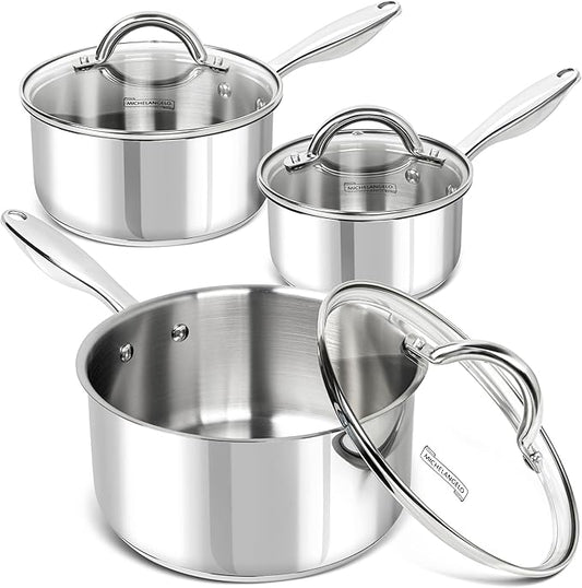 MICHELANGELO Saucepan Set 6pc, 18/10 Stainless Steel Sauce Pan with Lid, Tri-Ply Bottom Sauce Pot Set, Nonstick Saucepan, Induction Compatible, 1QT & 2QT &3QT by Michelangelo