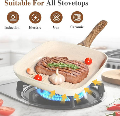 3 Pcs Pots and Pans Set, Nonstick & Non-Toxic Healthy Pots and Pans with Wooden Handle, Durable Skillet Indoor & Outdoor Use, All Stovetops Compatible, PFOA Free, White