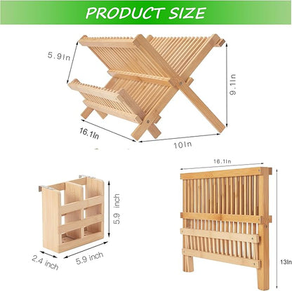 NOVAYEAH Bamboo Dish Drying Rack-2 Tier, Collapsible Small Dish Rack with Utensil Holder, Wooden Drying Rack for Kitchen Counter, Apartment Essentials Kitchen Plate Holder Organization 34 pcs Grid