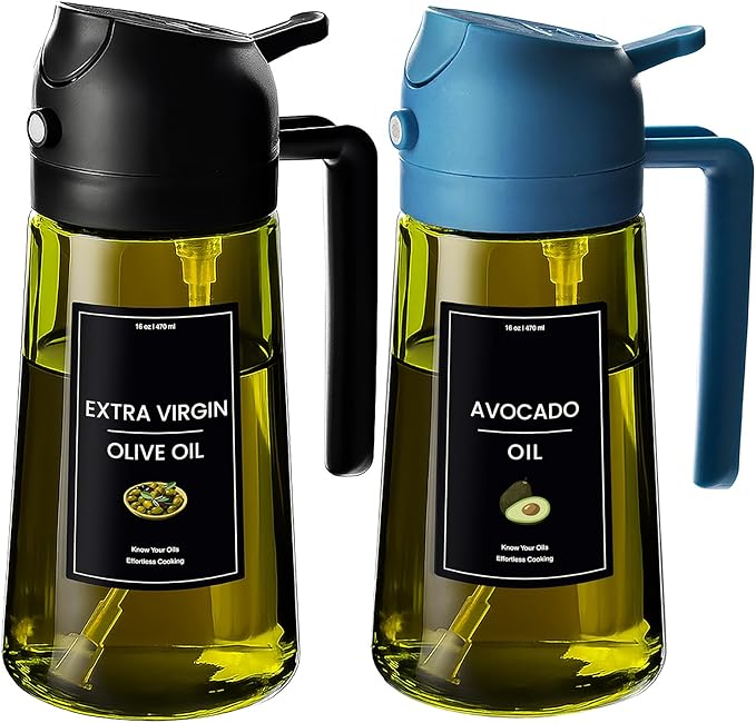 CXINYI - 16oz/470ml Olive Oil Dispenser for Kitchen with Stickers - 2 in 1 Olive Oil Sprayer for Cooking, Air Fryer, and Salad, Black&Blue (Light-Proof Kitchen Gadget) by CXINYILLC