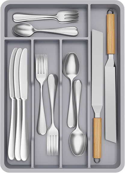 Lifewit Silverware Drawer Organizer Tray, Plastic Cutlery Storage for Kitchen, Flatware and Utensil Holder Divider for Spoons Forks Knives Tableware, 9.5 x 13.4", 5 Slots, Gray by Lifewit