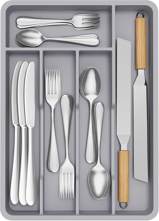 Lifewit Silverware Drawer Organizer Tray, Plastic Cutlery Storage for Kitchen, Flatware and Utensil Holder Divider for Spoons Forks Knives Tableware, 9.5 x 13.4", 5 Slots, Gray by Lifewit