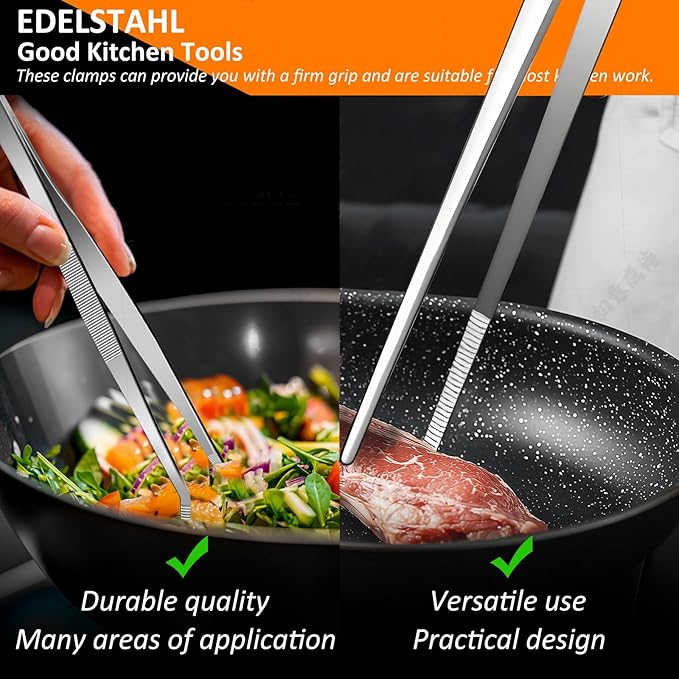 2-Piece Kitchen Tongs Set: Straight & Curved Edge Stainless Steel Non-Slip Grip Tweezers with Non-Slip Grip for BBQ, Grilling Steak & Flipping Pancakes