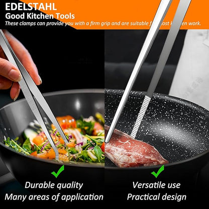 2-Piece Kitchen Tongs Set: Straight & Curved Edge Stainless Steel Non-Slip Grip Tweezers with Non-Slip Grip for BBQ, Grilling Steak & Flipping Pancakes