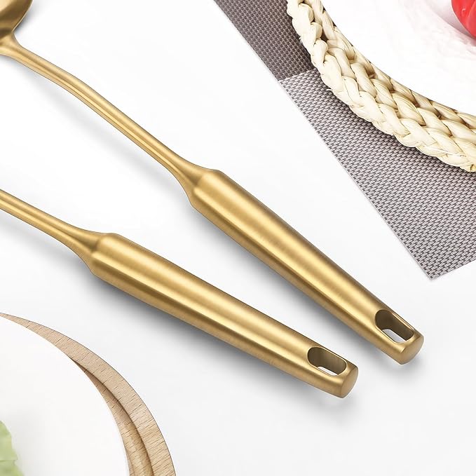 304 Stainless Steel Cooking Utensil,Kitchen Utensil with Spatula, Solid Spoon, Ladle, Skimmer, Spaghetti Spoon, 6 Piece Set, Dishwasher Safe(Gold) - Image 5