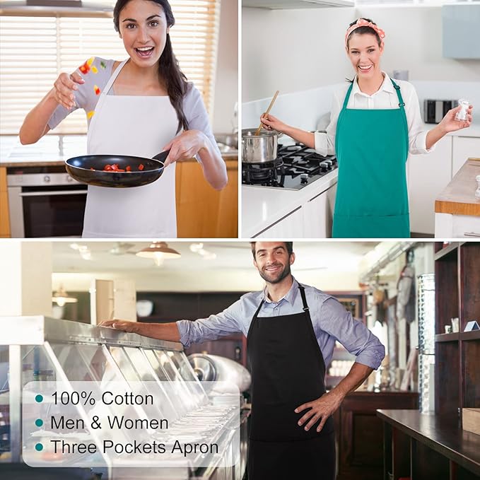 Jubatus 2 Pack 3 Pockets 100% Cotton Adjustable Bib Apron Chef Kitchen Cooking Aprons for Women Men, White - Image 7