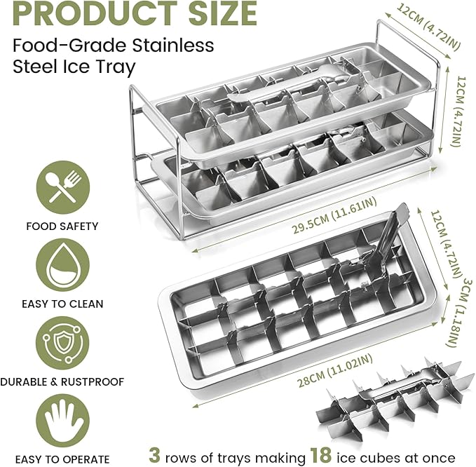 Stainless Steel Ice Cube Tray with Lever - 18 Large Ice Cube Mold, Non-Toxic & Dishwasher Safe for Kitchen and Bar Use