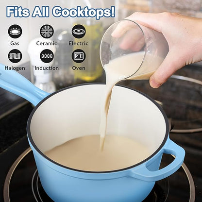 Enameled Cast Iron Sauce Pan with Lid, Leonyo 2 Quart Saucepan with Lid, Enamel Cast Iron Dutch Oven for All Cooktops Making Pasta Sauce, Milk, Oatmeal - Up to 500°F & 6.7Lbs, Lake Blue