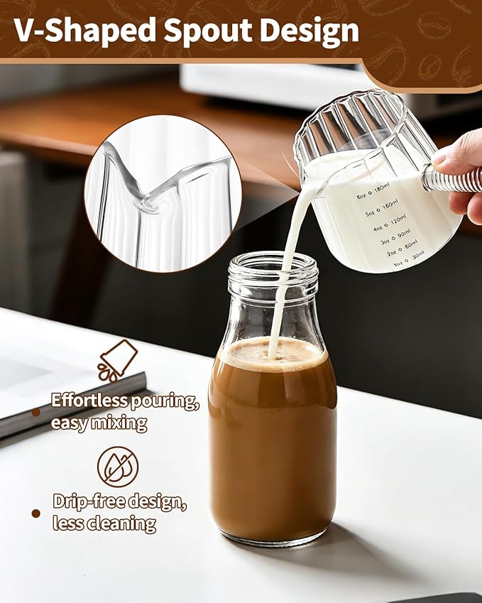 2 Pack Espresso Measuring Cup, 6oz Borosilicate Glass Espresso Cups with Glass Handle, V-Shaped Spout Milk Frothing Cup for Coffee, Tea, Syrup – Dishwasher Safe